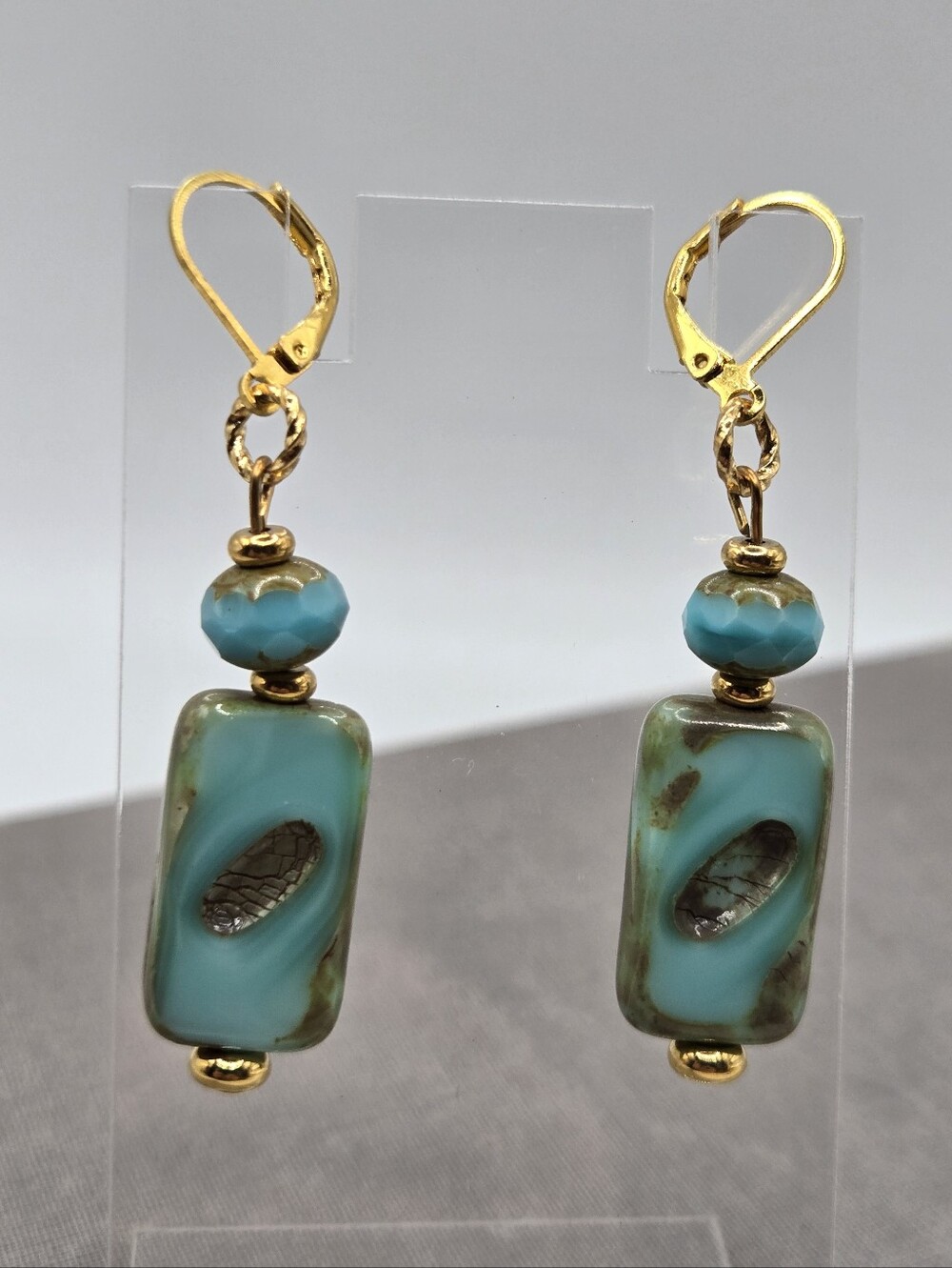 VTG Turquoise Czech Glass Mod Chandelier Earrings Dangle gold-tone Crackle Glaze